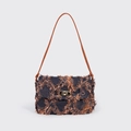 Blue denim tie-dye bucket bag with textured fringe surface and brown leather strap - Shoulder Bag with Twist Lock / Blue with Brown Strap