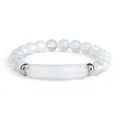 Translucent white beaded bracelet with elongated center stone and silver rings - Natural Opalite