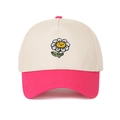 Detail of sunflower smiley face embroidery on a pink and cream patchwork baseball cap - Beige/Rose Red