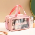 Pink waterproof PU leather washbag with large capacity and double layer design - Double Layer Medium - Dry Wet Separation / Pink