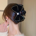 Elegant black velvet bow hair claw clip with gold trim and crystal for women - Velvet Woven Edging Gemstone Bow Claw Clip (30#)