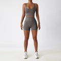 Ensemble de yoga gris foncé avec brassière de sport et short taille haute à poches - 10/M / Short à Double Épaule Gris Extrême