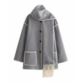 Women's grey wool coat with matching fringe scarf and white wave embroidery trim - XS / Light Gray