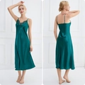 Dark green satin long nightgown with V-neck lace trim and elegant silk finish for women - Dark Green