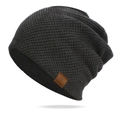 Berretto slouchy grigio scuro in maglia a nido d'ape con patch in pelle marrone - Taglia unica / Nero