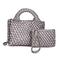 Silver woven leather bucket bag set with top handle and metal chain strap - Silver Gray