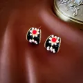 Retro black velvet heart earrings with red accents and pearls in gold finish - Retro Palace Flower Style (64#)