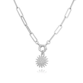 Detailed macro view of silver sunflower pendant with inlaid zircons and paperclip chain - White Gold Sunflower Necklace (1 Pc)