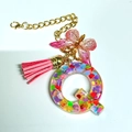 Letter Q keychain with colorful heart sequins, pink butterfly charm and tassel - Letter Q