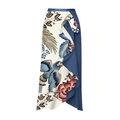 Bikini wrap skirt with bird and floral print featuring elegant navy ruffled edges - Single Sarong Skirt
