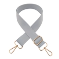 Macro detail of adjustable 3.8cm gray-white striped shoulder strap with rose gold metal hooks - Silver Clasp / Haze Blue