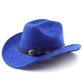 Detail of royal blue suede hat with brown braided leather band and silver metal buckle - M (56-58cm) / Sapphire Blue