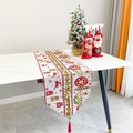 Christmas table runner with red reindeer prints and tassels on a white marble table - 11# Reindeer Holly Snowflake