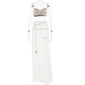 Elegant white lace two-piece set featuring backless crop top and fishtail long skirt - S / White