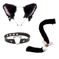 3-piece black cat cosplay set including furry ears headband, bell collar, and plush tail - Black Pink Cat Ears + Cat Head Choker + Tail
