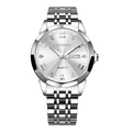 Silver stainless steel quartz watch for men with calendar display and Roman numerals - EU Standard Solid Steel Band Butterfly Buckle / Silver White Dial