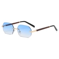 Rimless octagonal sunglasses with blue gradient lenses and dark wood grain temples - Gold Gradient Blue