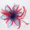 Chapeau fascinator élégant avec résille bleu marine et détails de plumes rouges - Couleurs du Drapeau