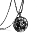 Silberne Halskette aus Edelstahl mit Auge des Horus Anhänger und ägyptischen Symbolen - Plattierte Kette / Schwarz