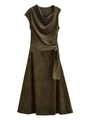 Detail of olive green faux suede midi dress with cowl neck and metallic belt buckle - XS / Army Green