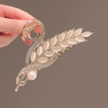 Pince à cheveux dorée en forme de blé avec pierres œil-de-chat, strass et perle - 37# Feuille d'Or Pierre Œil de Chat