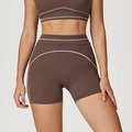 Women's chocolate brown sports set with high waist shorts and contrast white stitching - S / Deep Chocolate Brown