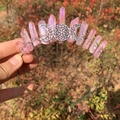 Detail of pink crystal crown headband with silver wire wrapping and moon goddess charm - AB Pink Crystal with Triple Moon