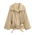 Klassieke kaki korte double-breasted trenchcoat met riem en bijpassende short - XS / Tops