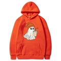 Orange Halloween hoodie with ghost holding coffee cup illustration and front pocket - Orange