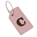 Pink faux leather luggage tag with gold letter C and secure steel wire ring fastener - Letter C