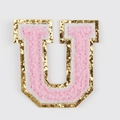 Pink chenille letter U embroidery patch with golden sequins for passport covers - Letter U