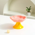 Pink petal ceramic elevated pet bowl with yellow pedestal base for cats and dogs - Pink/Yellow