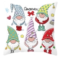 Macro detail of five colorful Christmas gnomes printed on a white pillowcase cover - Style 29