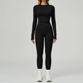 Schwarzes Yoga-Set mit langärmligem Raff-Oberteil und hochtaillierten Leggings mit Taschen - S / Long Sleeve+Leggings - Premium Black