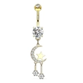 Goldenes Bauchnabelpiercing mit rundem Zirkon und Mond-Stern-Anhänger auf weißem Grund - Stil 35 Gold
