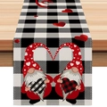 Valentijnsdag tafelloper met dwergen, rode harten en zwarte ruitjes op houten tafelblad - 33*183cm / Linnen / Valentijnsdag Gnoom (Stijl 1)