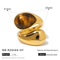 Gold stainless steel adjustable ring featuring a natural tiger eye stone flower design - Tiger Eye Style (NB-R24344-HY)