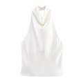 Detail shot of white satin halter top featuring silky fabric texture and draped neckline - XS / White