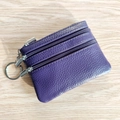 Purple genuine leather coin purse with three zipper compartments and a metal keychain - Purple