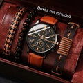 Men's quartz watch and bracelet set with brown leather strap and woven wristbands - Set 6 (No Box)