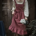 Vintage bean paste red cotton apron with ruffle hem and back tie for home baking - Ruffle Edge / Bean Paste Red