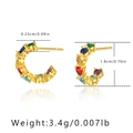 Detailed size view of C-shaped 18K gold-plated earrings with colorful zircon stones - Heart Rainbow Stone Earring (KE0259)
