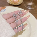Silver butterfly tassel earrings with cubic zirconia and long snake chains - Silver Butterfly Cross Long Tassel (E0081)
