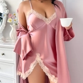 Elegant dusty pink satin silk nightwear set with lace trim and matching robe for women - 1XL / Pink