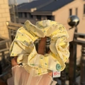 Floral striped hair scrunchie in yellow and white with blue flower pattern and button - Yellow Stripe Double-Layer Scrunchie with Green Heart Button