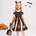 Detail view of girls' Halloween pumpkin dress with matching mini drawstring handbag - 130cm / WS015-Black (With Bag)