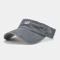 Detail of gray sun visor hat with white crown embroidery on washed canvas fabric - Adjustable / Gray
