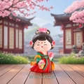 Cute Hanfu girl figurine in red and green dress holding a flower basket A style - Small Stroll in Flowers