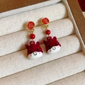 Festive red flocked pony earrings with golden Fu character and white pearl stud - Style 17 Silver Needle-Red-Flocked Horse