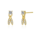 Elegante goldene Blatt-Ohrstecker mit runden Zirkonia und diamantbesetzten Blattanhängern - Gold